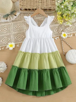 100% Cotton Little Princess Sleeveless Color Block Ruffle Trim Dress - Soft, Breathable, Regular Fit, Perfect for Summer Holiday Party and Outdoor Play - Girls Casual Wear