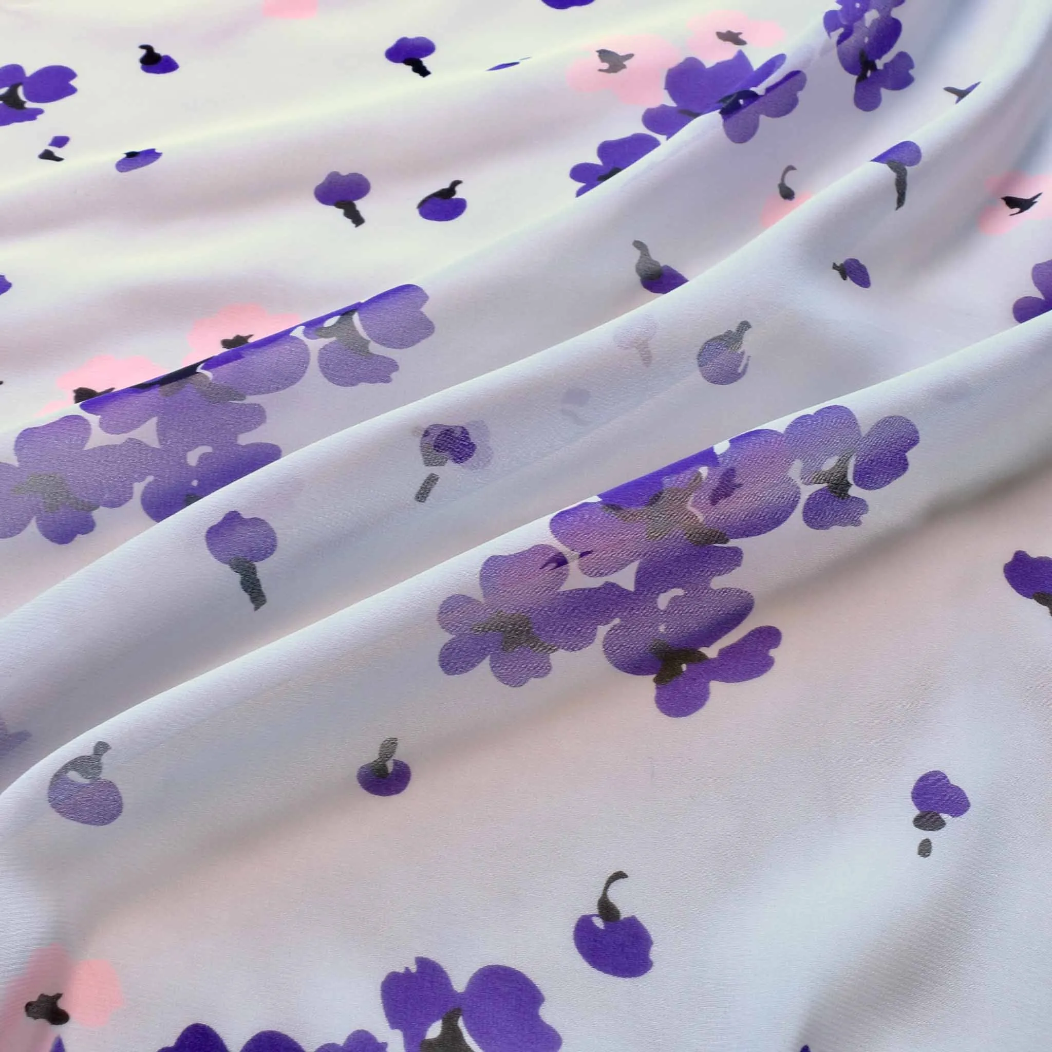 100% SILK CHIFFON  - Floral design on pale grey