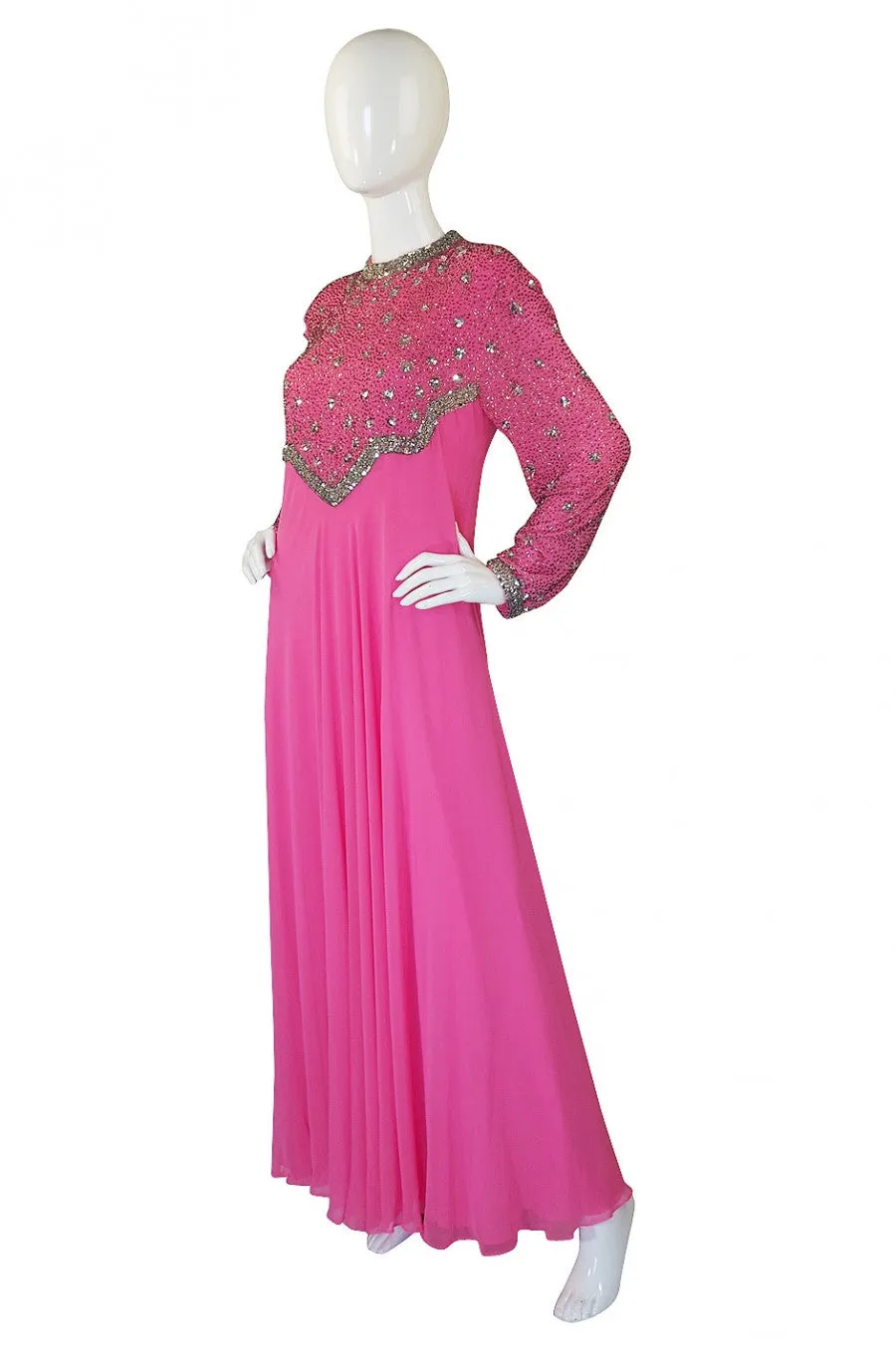 1960s Vibrant Pink Silk Chiffon Gown