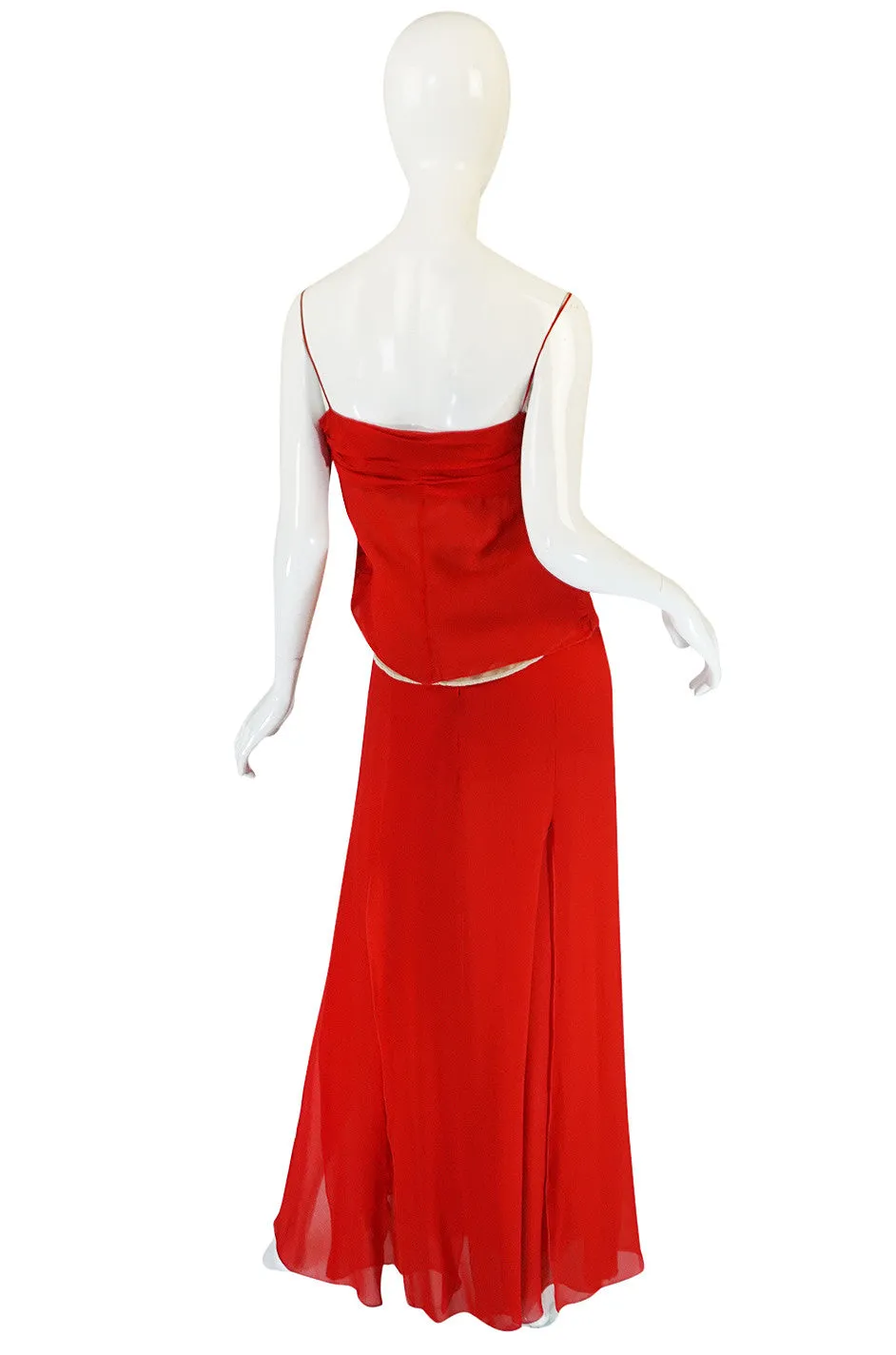 1990s Valentino Red Silk Chiffon Top & Skirt Dress Set