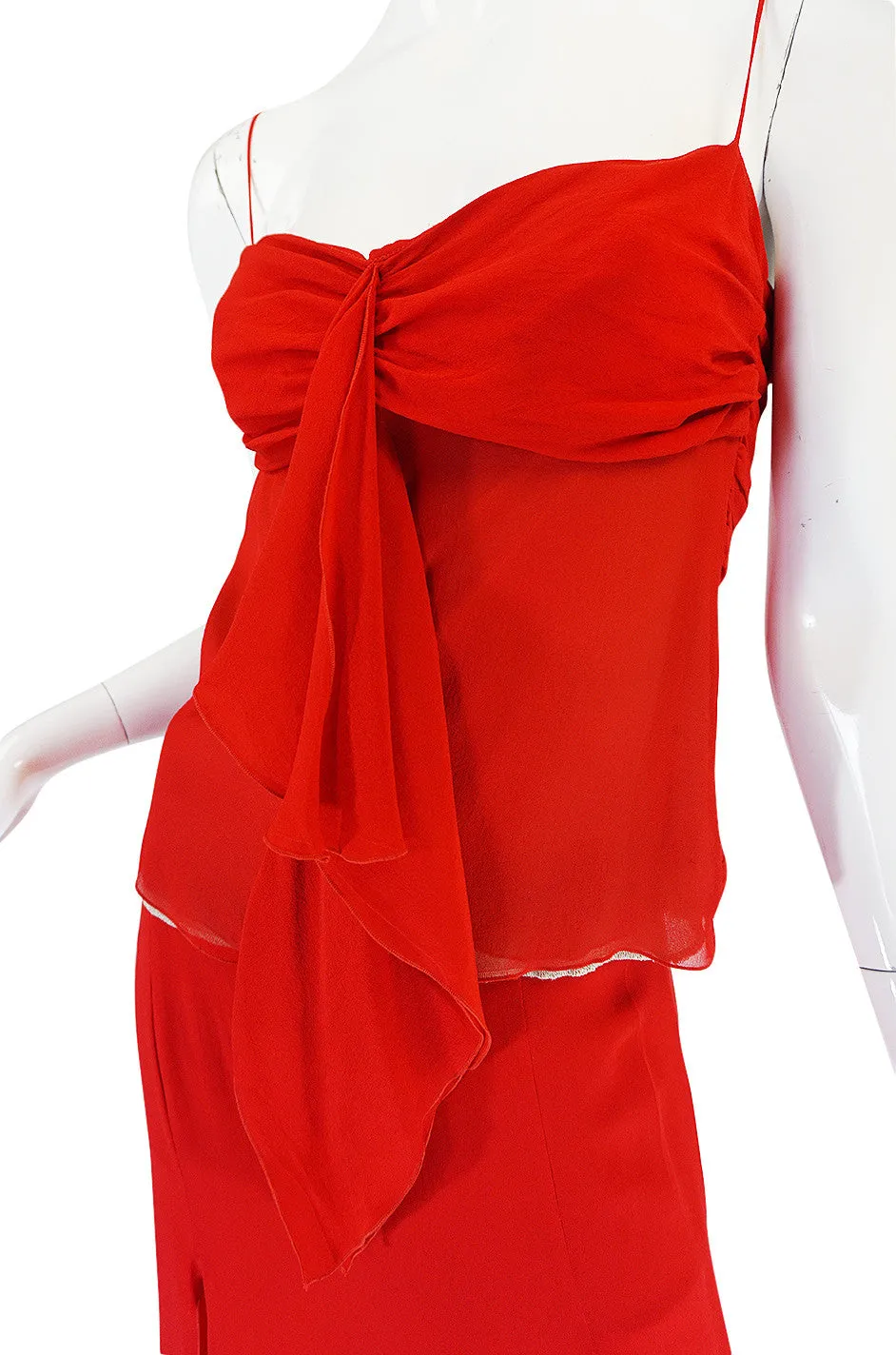 1990s Valentino Red Silk Chiffon Top & Skirt Dress Set