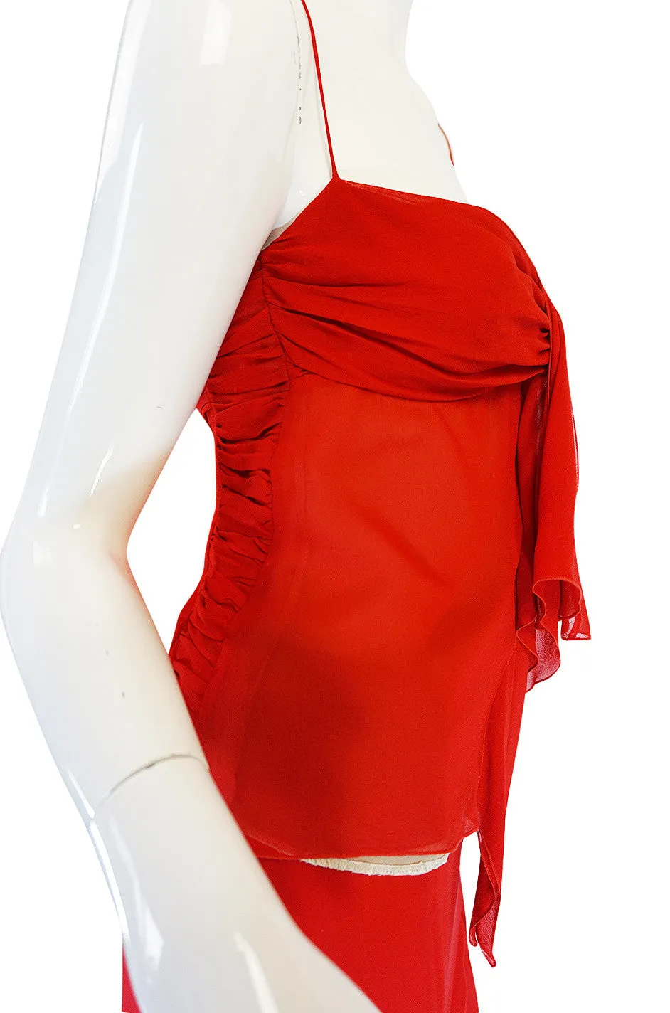 1990s Valentino Red Silk Chiffon Top & Skirt Dress Set