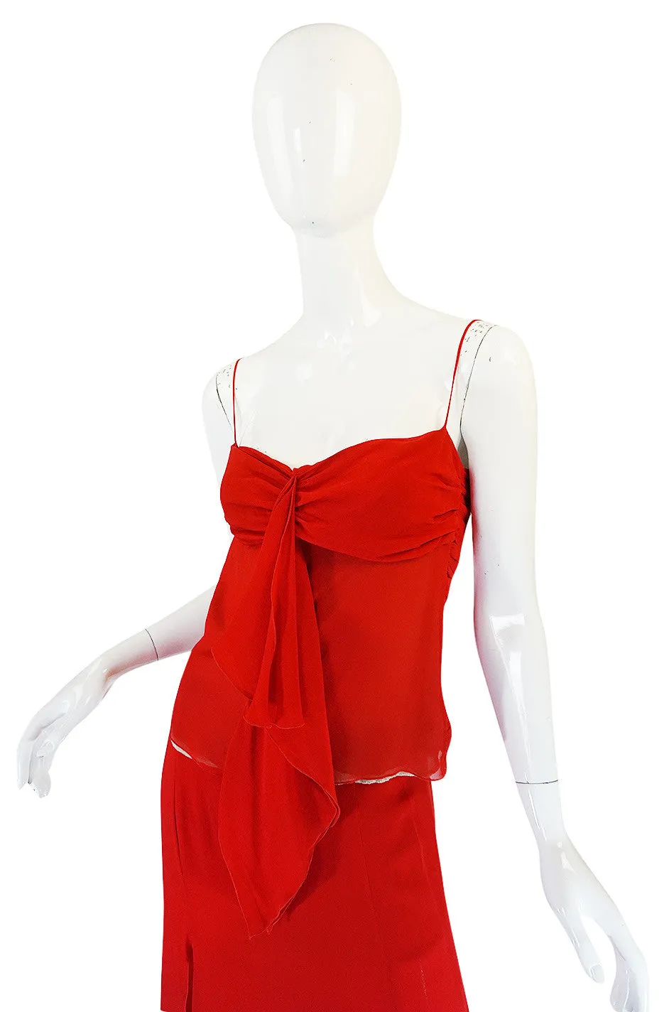1990s Valentino Red Silk Chiffon Top & Skirt Dress Set