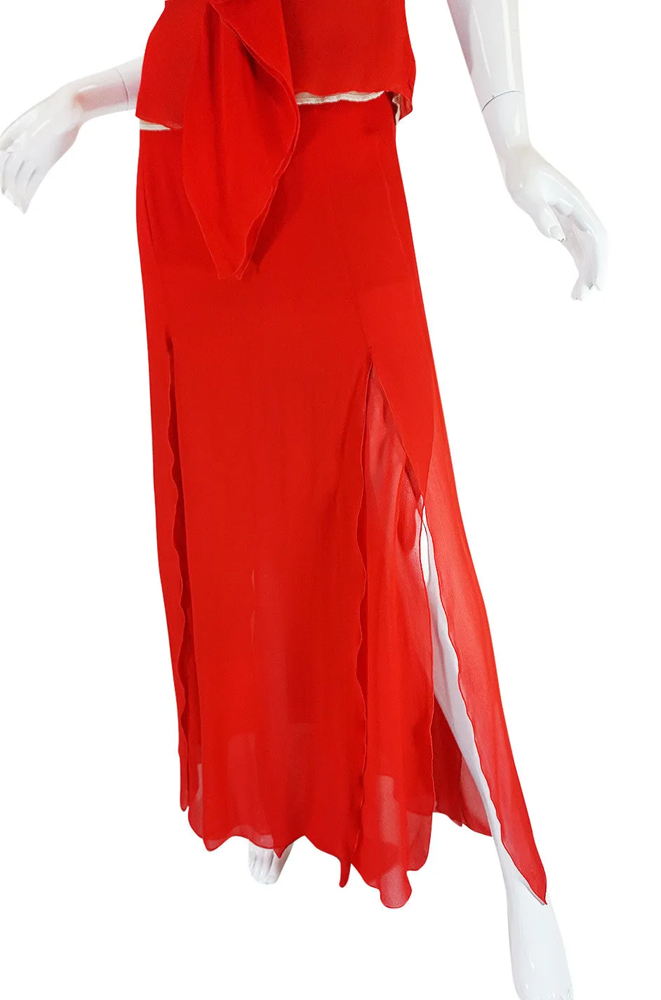 1990s Valentino Red Silk Chiffon Top & Skirt Dress Set