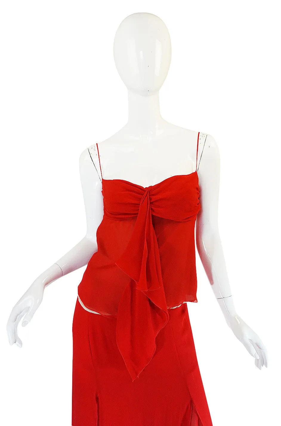 1990s Valentino Red Silk Chiffon Top & Skirt Dress Set