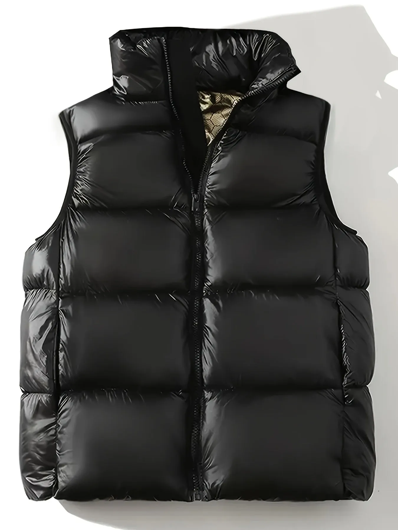 1pc Men'S Plus Size Casual Sleeveless Puffer Vest with Hood and Pockets - 100% Polyester, Solid Color, Filled, All-Season Zip-Up Gilet