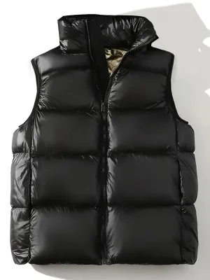 1pc Men'S Plus Size Casual Sleeveless Puffer Vest with Hood and Pockets - 100% Polyester, Solid Color, Filled, All-Season Zip-Up Gilet