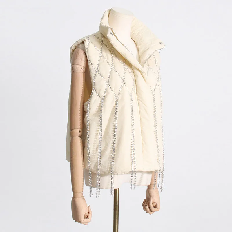 2025 Hand-nailed diamond vest cotton clothes  spring niche loose vest diamond chain decorative cotton-padded sleeveless jacket