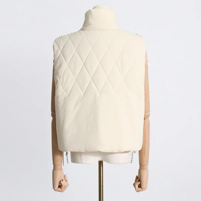 2025 Hand-nailed diamond vest cotton clothes  spring niche loose vest diamond chain decorative cotton-padded sleeveless jacket