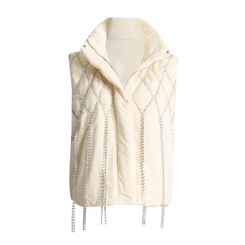 2025 Hand-nailed diamond vest cotton clothes  spring niche loose vest diamond chain decorative cotton-padded sleeveless jacket