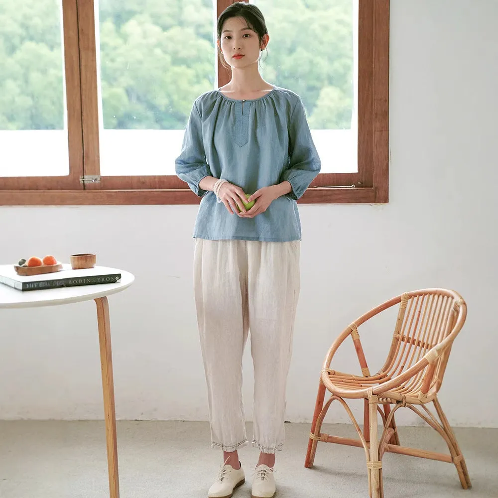 2025 spring and summer blue shirt women's ramie top T-shirt new crew neck cotton and linen shirt short top 220343