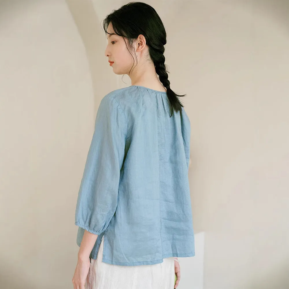 2025 spring and summer blue shirt women's ramie top T-shirt new crew neck cotton and linen shirt short top 220343