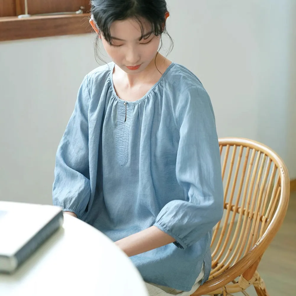 2025 spring and summer blue shirt women's ramie top T-shirt new crew neck cotton and linen shirt short top 220343