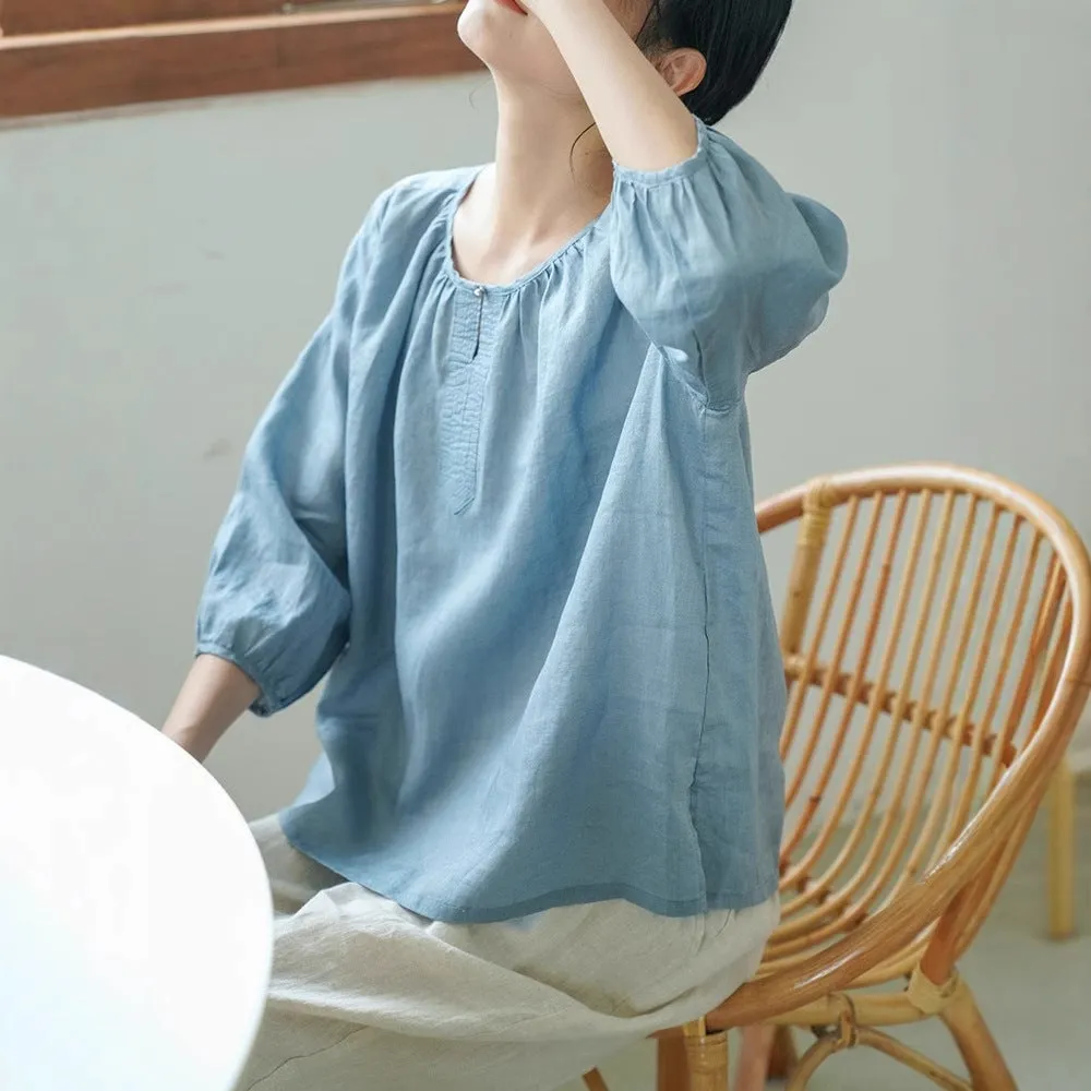 2025 spring and summer blue shirt women's ramie top T-shirt new crew neck cotton and linen shirt short top 220343