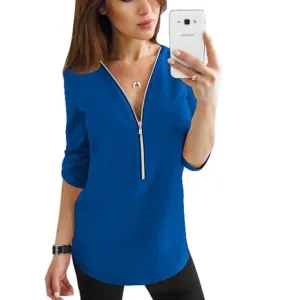 3/4 Sleeve Chiffon Front Zipper Blouse