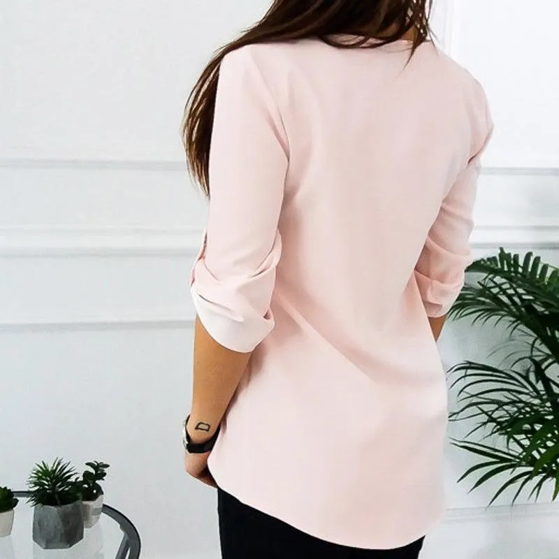3/4 Sleeve Chiffon Front Zipper Blouse