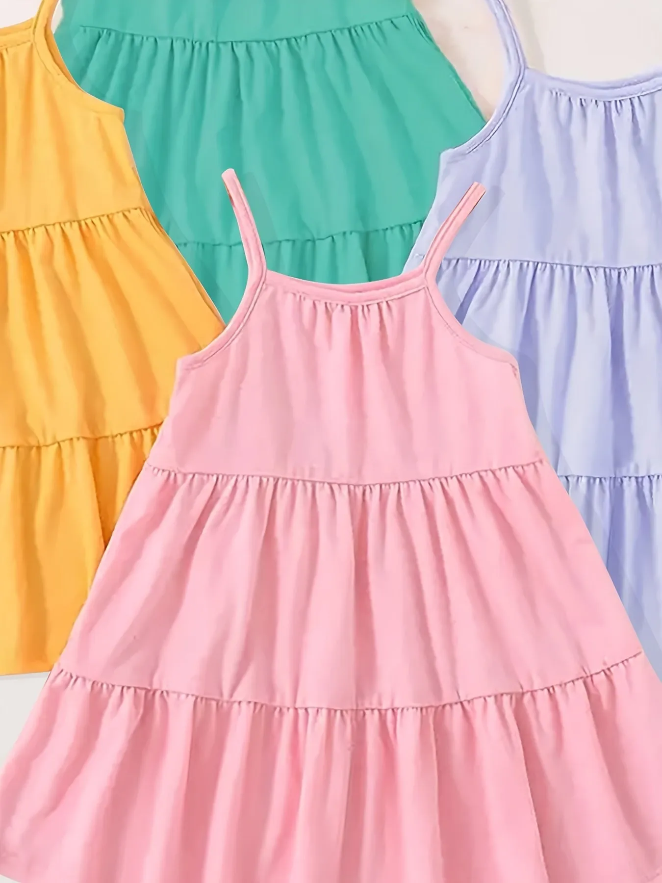 4-Piece Set Little Girls Slip Dresses - Vibrant Solid Colors, Adjustable Suspender Straps, Comfortable Sleeveless Design - Perfect for Casual Outdoor Activities or Daily Wear, Simple yet Chic Basic Style