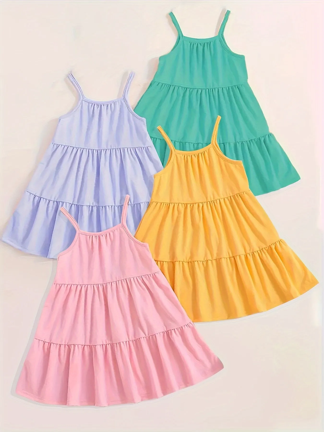 4-Piece Set Little Girls Slip Dresses - Vibrant Solid Colors, Adjustable Suspender Straps, Comfortable Sleeveless Design - Perfect for Casual Outdoor Activities or Daily Wear, Simple yet Chic Basic Style