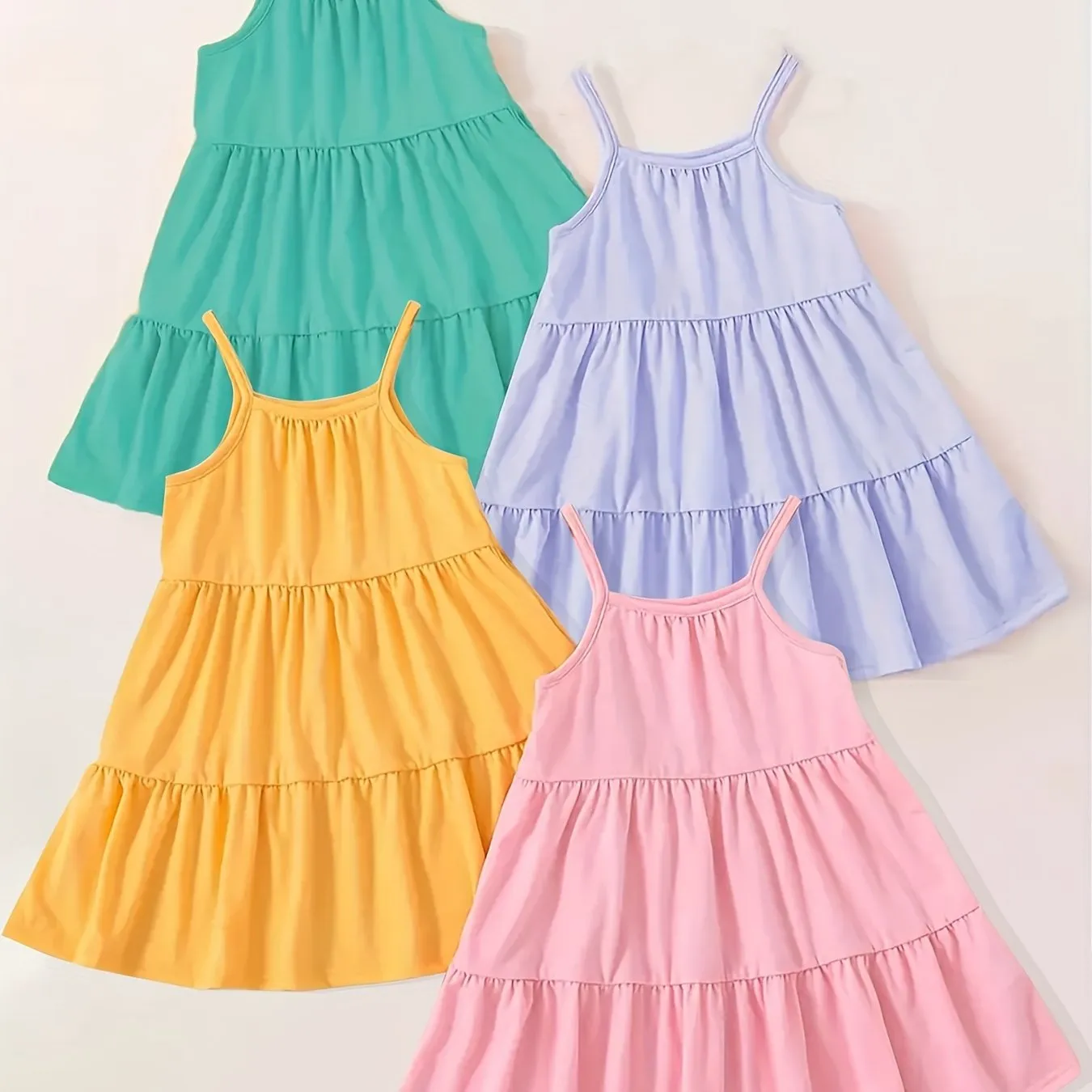 4-Piece Set Little Girls Slip Dresses - Vibrant Solid Colors, Adjustable Suspender Straps, Comfortable Sleeveless Design - Perfect for Casual Outdoor Activities or Daily Wear, Simple yet Chic Basic Style