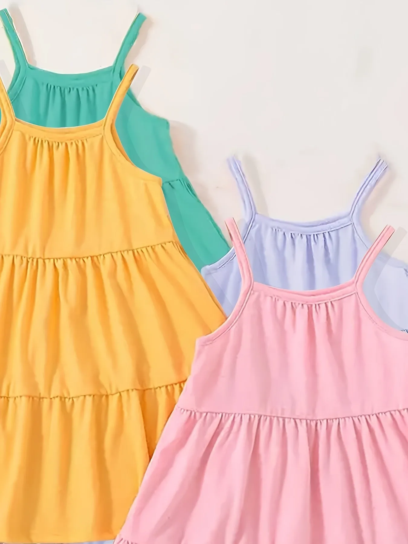 4-Piece Set Little Girls Slip Dresses - Vibrant Solid Colors, Adjustable Suspender Straps, Comfortable Sleeveless Design - Perfect for Casual Outdoor Activities or Daily Wear, Simple yet Chic Basic Style