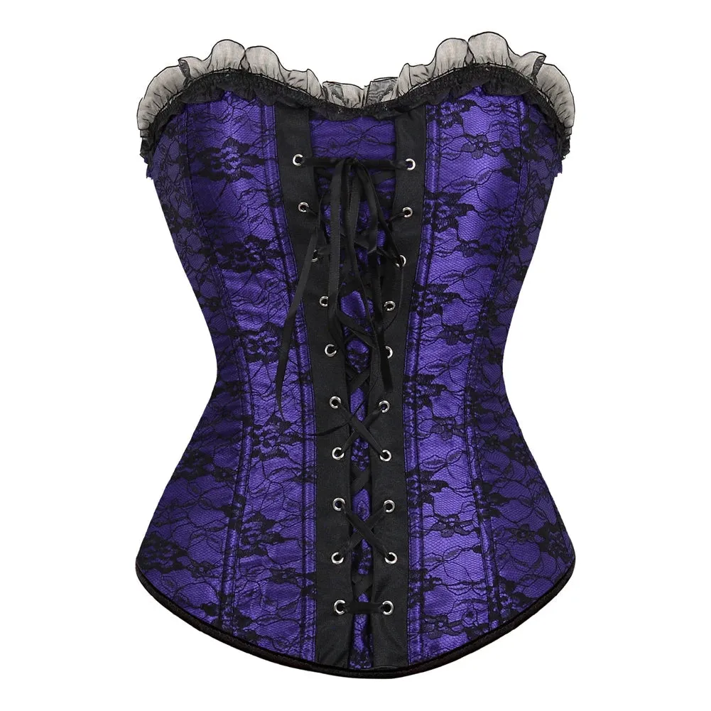 6XL Women's Lace Cover Overbust Corset Lace Up Boned Lingerie Zipper Side Carnival Waist and Body Shaper Bustier Plus Size