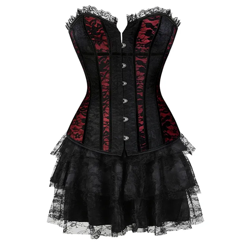 6XL Women's Lace Cover Overbust Corset Lace Up Boned Lingerie Zipper Side Carnival Waist and Body Shaper Bustier Plus Size