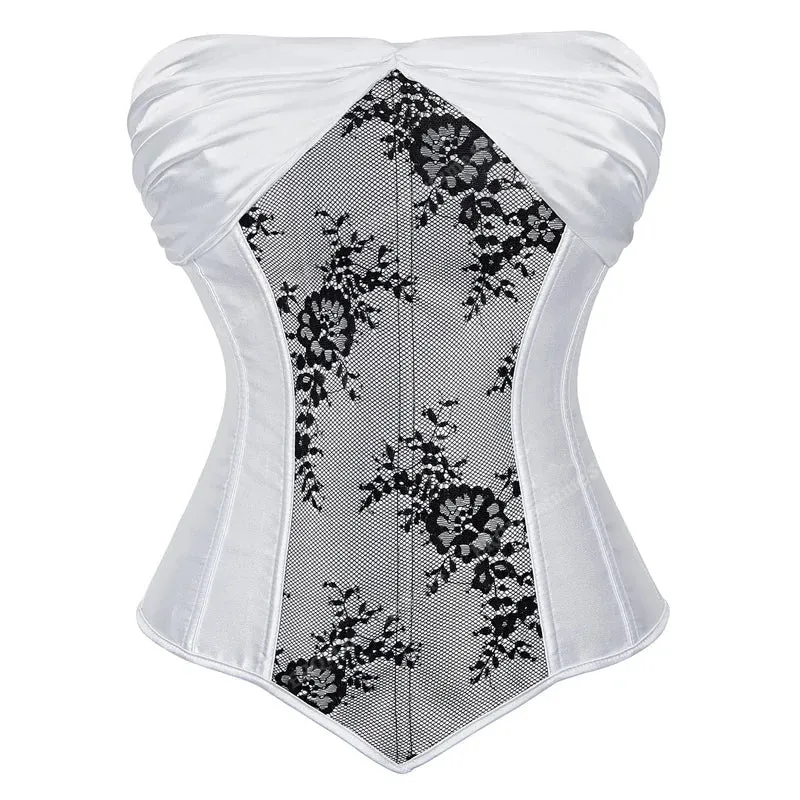 6XL Women's Lace Cover Overbust Corset Lace Up Boned Lingerie Zipper Side Carnival Waist and Body Shaper Bustier Plus Size