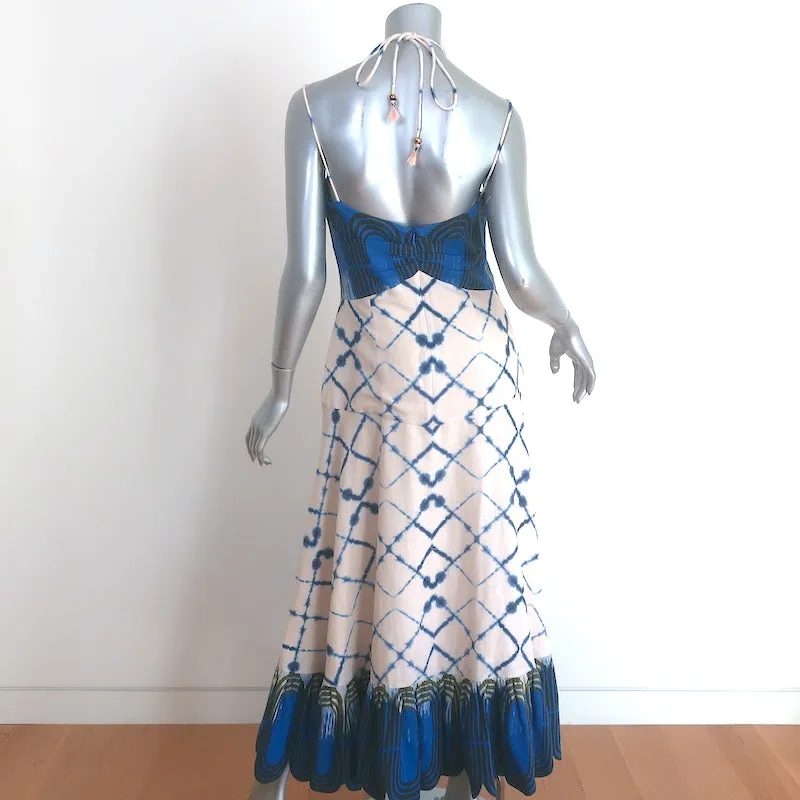 Alexis Halter Midi Dress Nuri Cream/Blue Printed Linen-Cotton Size Medium
