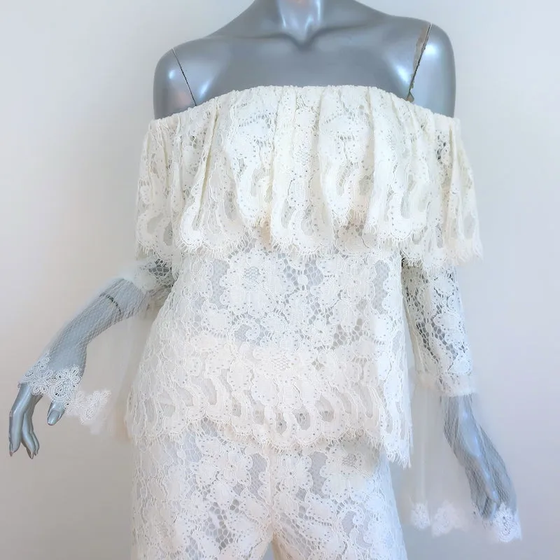 Alexis Off the Shoulder Top & Wide Leg Pants Set Cream Lace Size Medium NEW