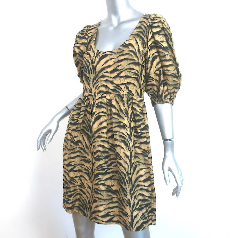 Ba&sh Puff Sleeve Mini Dress Zola Beige Tiger Print Linen-Blend Size Extra Small