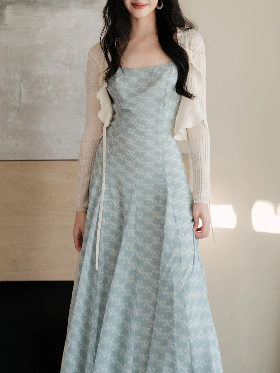 Baby Blue Printed Spaghetti Strap Chiffon Romantic Fishtail Dress and White Cardigan