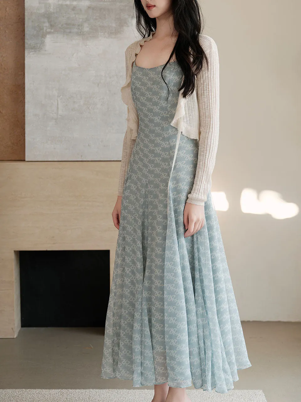 Baby Blue Printed Spaghetti Strap Chiffon Romantic Fishtail Dress and White Cardigan
