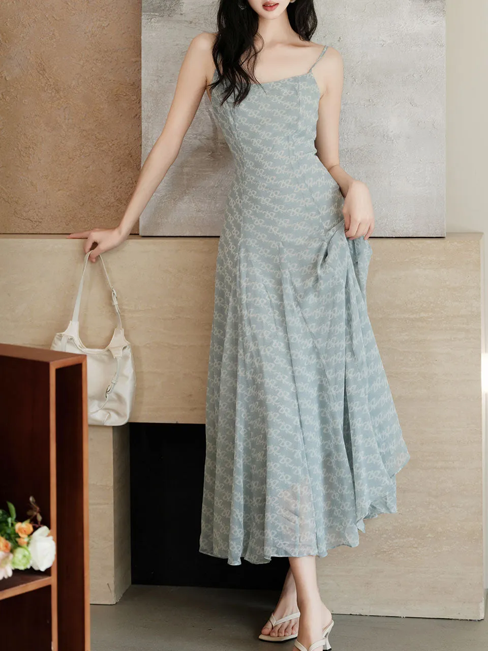 Baby Blue Printed Spaghetti Strap Chiffon Romantic Fishtail Dress and White Cardigan