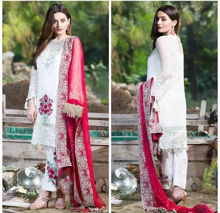 Beautiful chiffon dress by Imrozia in red and white color Model#C 813