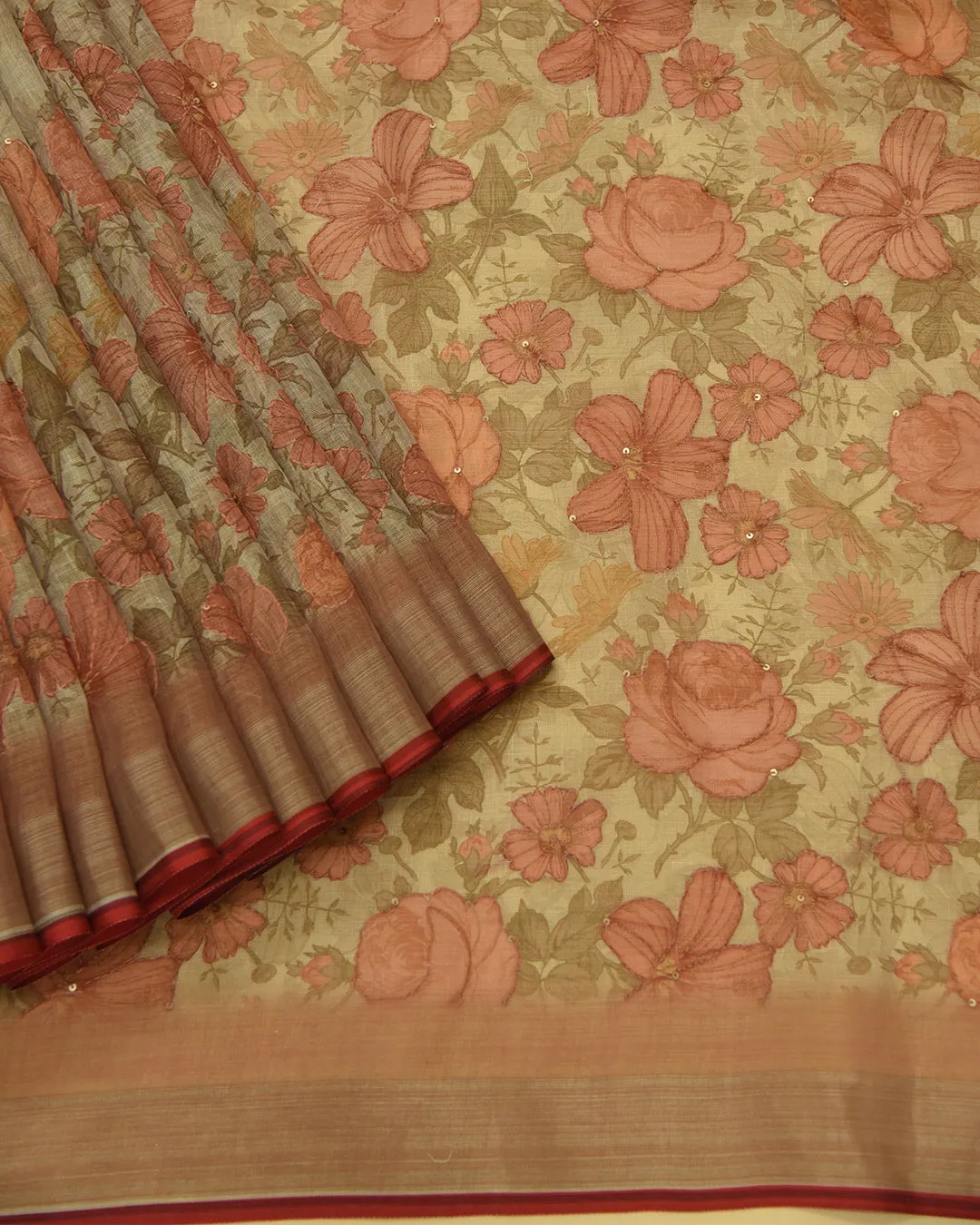 Beige Linen Blend Printed WIth Embroidery Saree With Linen Blend Blouse