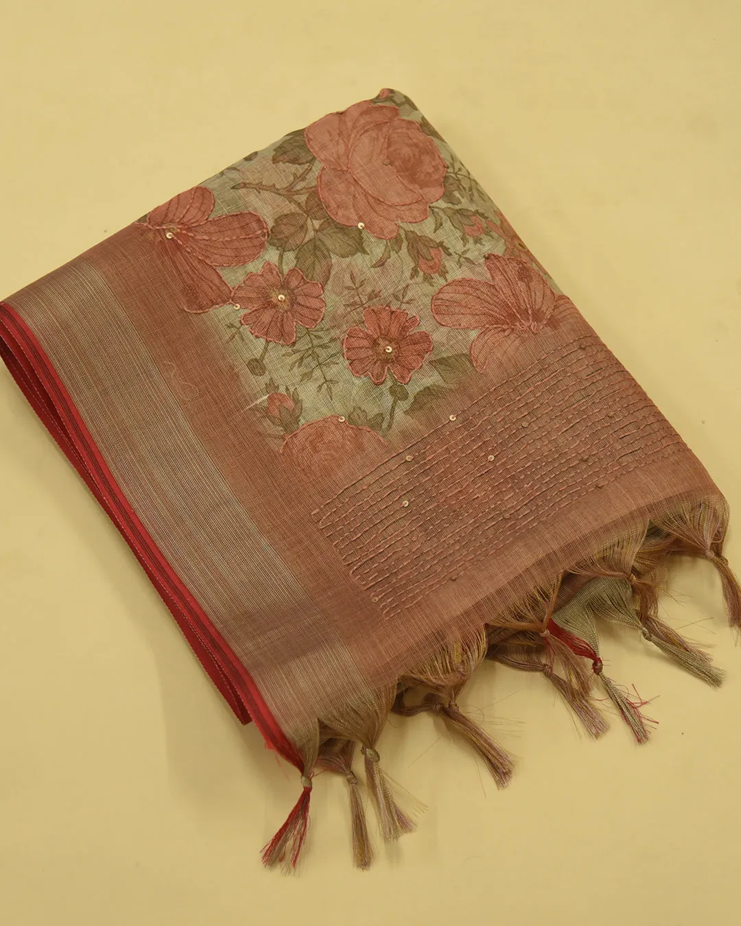 Beige Linen Blend Printed WIth Embroidery Saree With Linen Blend Blouse