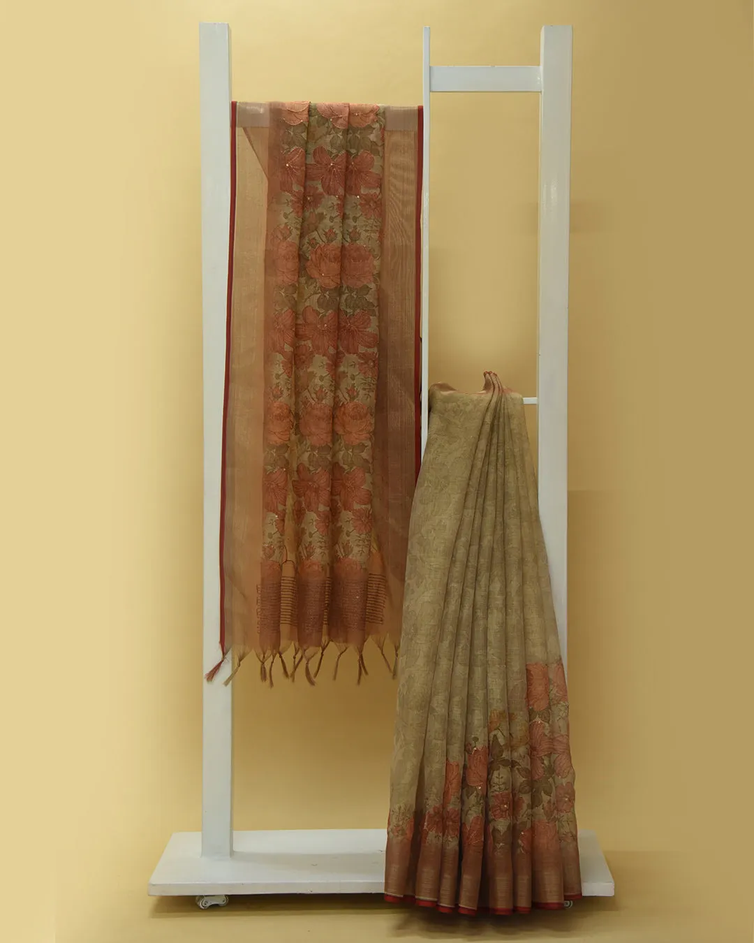 Beige Linen Blend Printed WIth Embroidery Saree With Linen Blend Blouse
