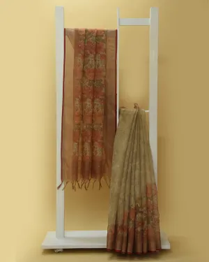 Beige Linen Blend Printed WIth Embroidery Saree With Linen Blend Blouse