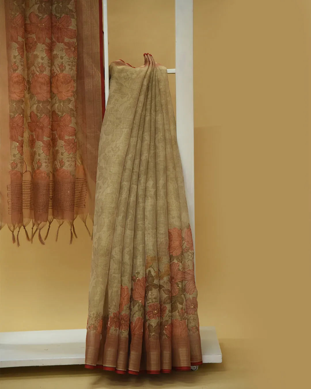 Beige Linen Blend Printed WIth Embroidery Saree With Linen Blend Blouse
