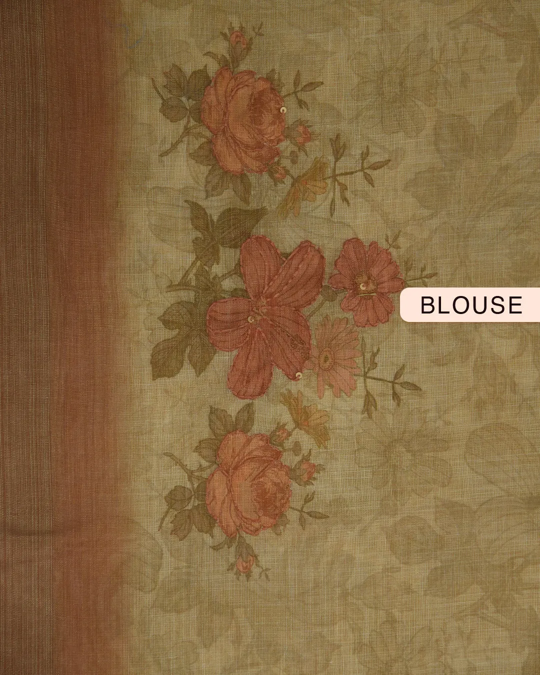Beige Linen Blend Printed WIth Embroidery Saree With Linen Blend Blouse