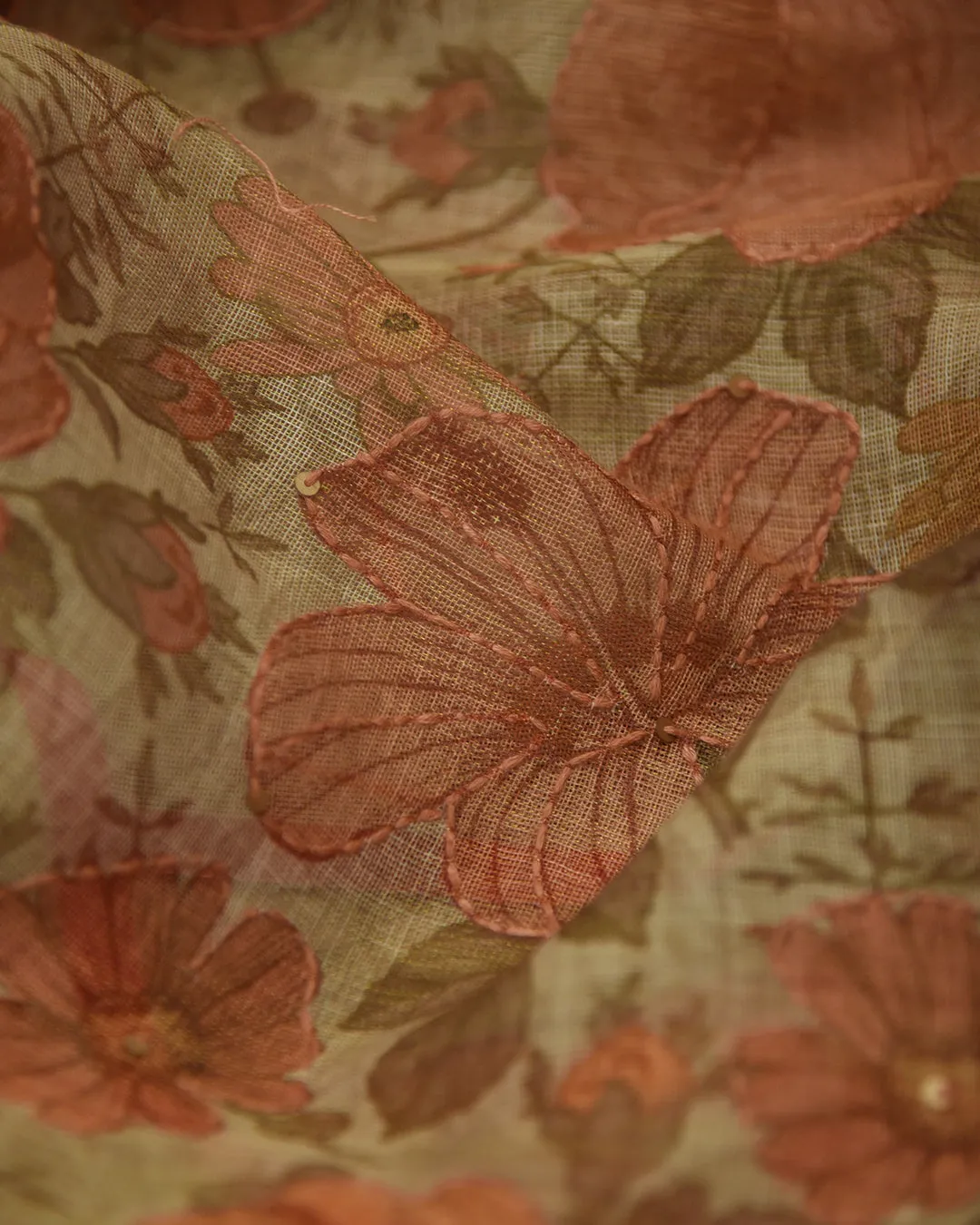 Beige Linen Blend Printed WIth Embroidery Saree With Linen Blend Blouse