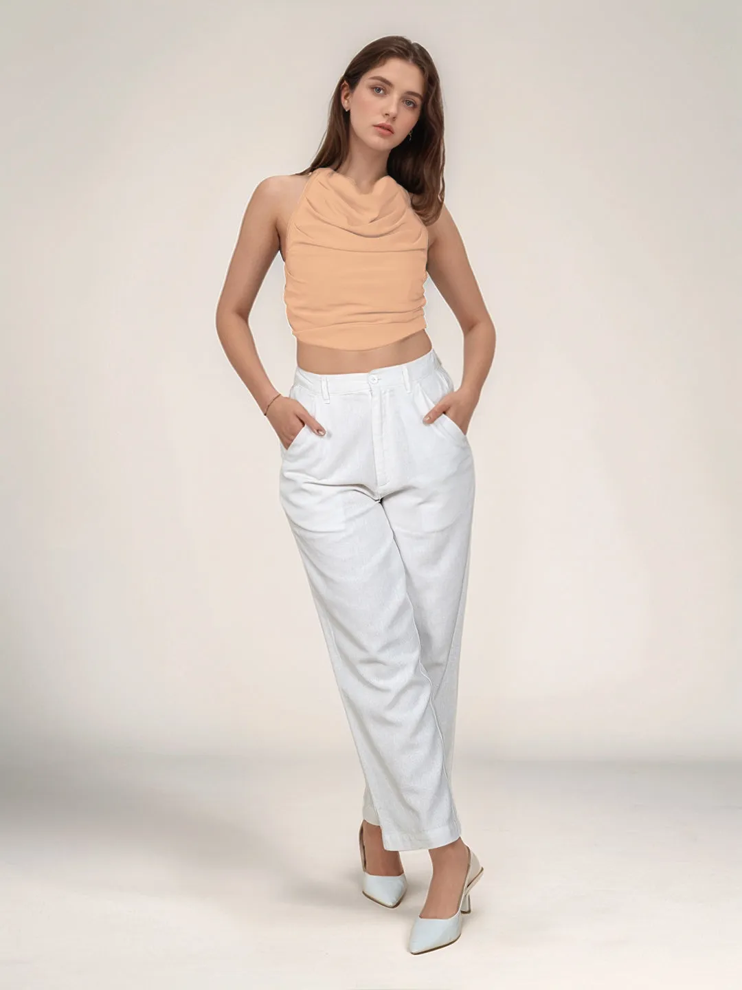 Beige Solid Cowl Neck Top