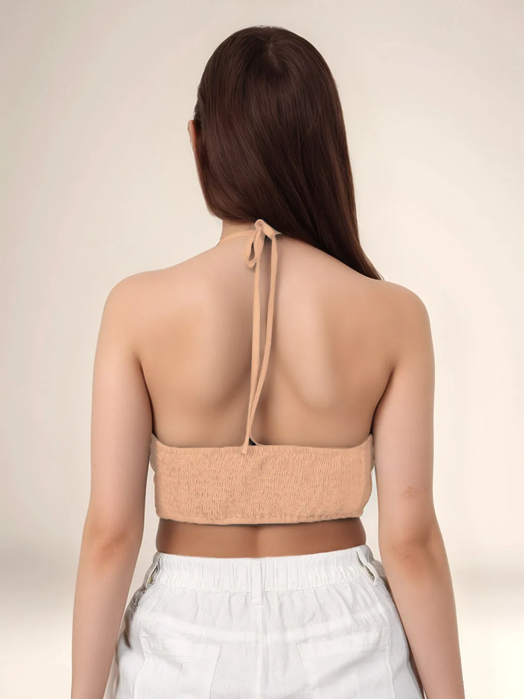 Beige Solid Cowl Neck Top