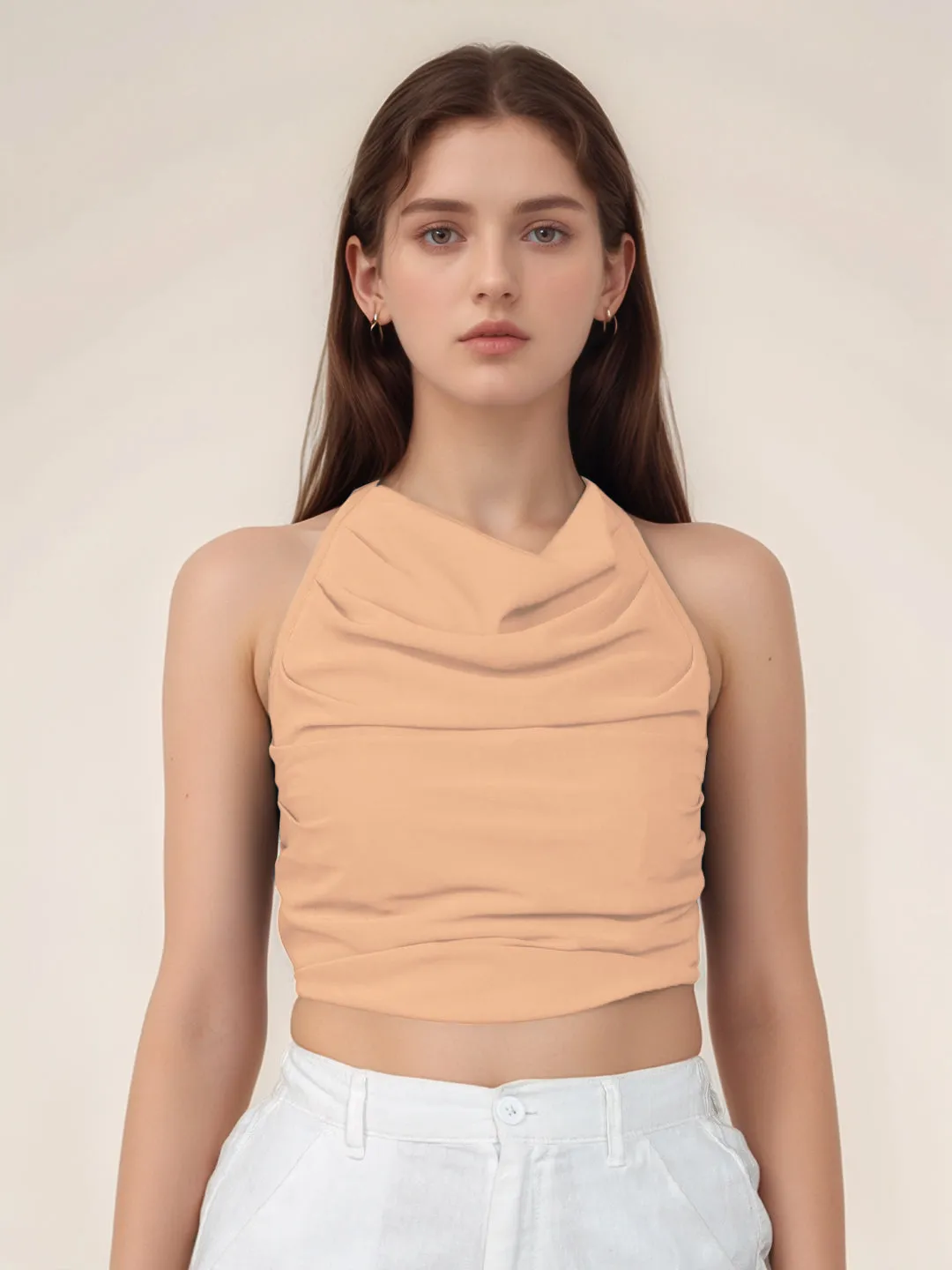 Beige Solid Cowl Neck Top