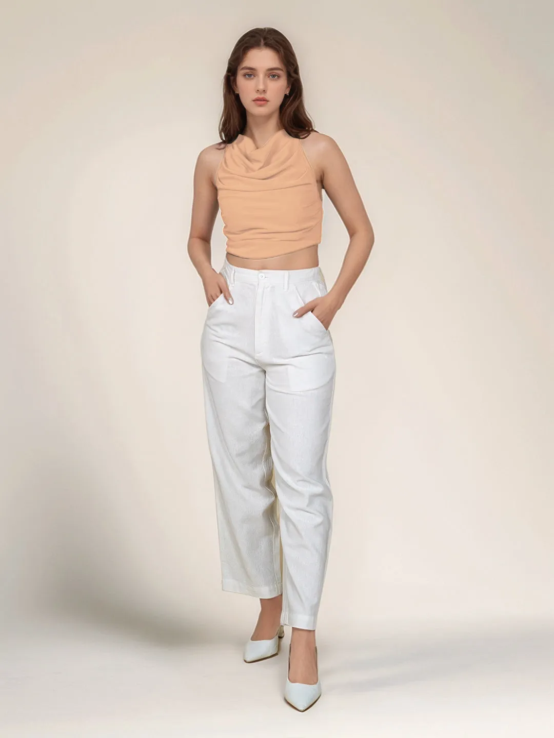Beige Solid Cowl Neck Top