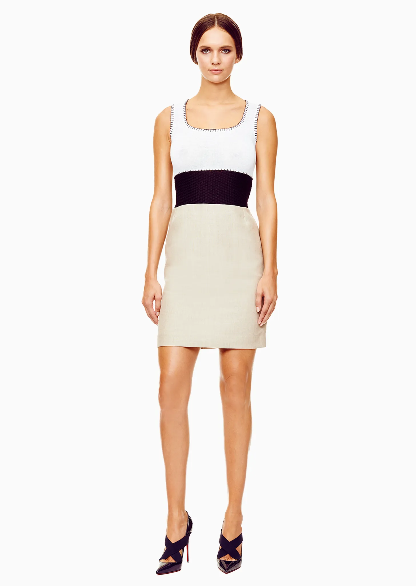 Belle - Sleeveless Tan Linen Tank Dress with Black Raffia Detail
