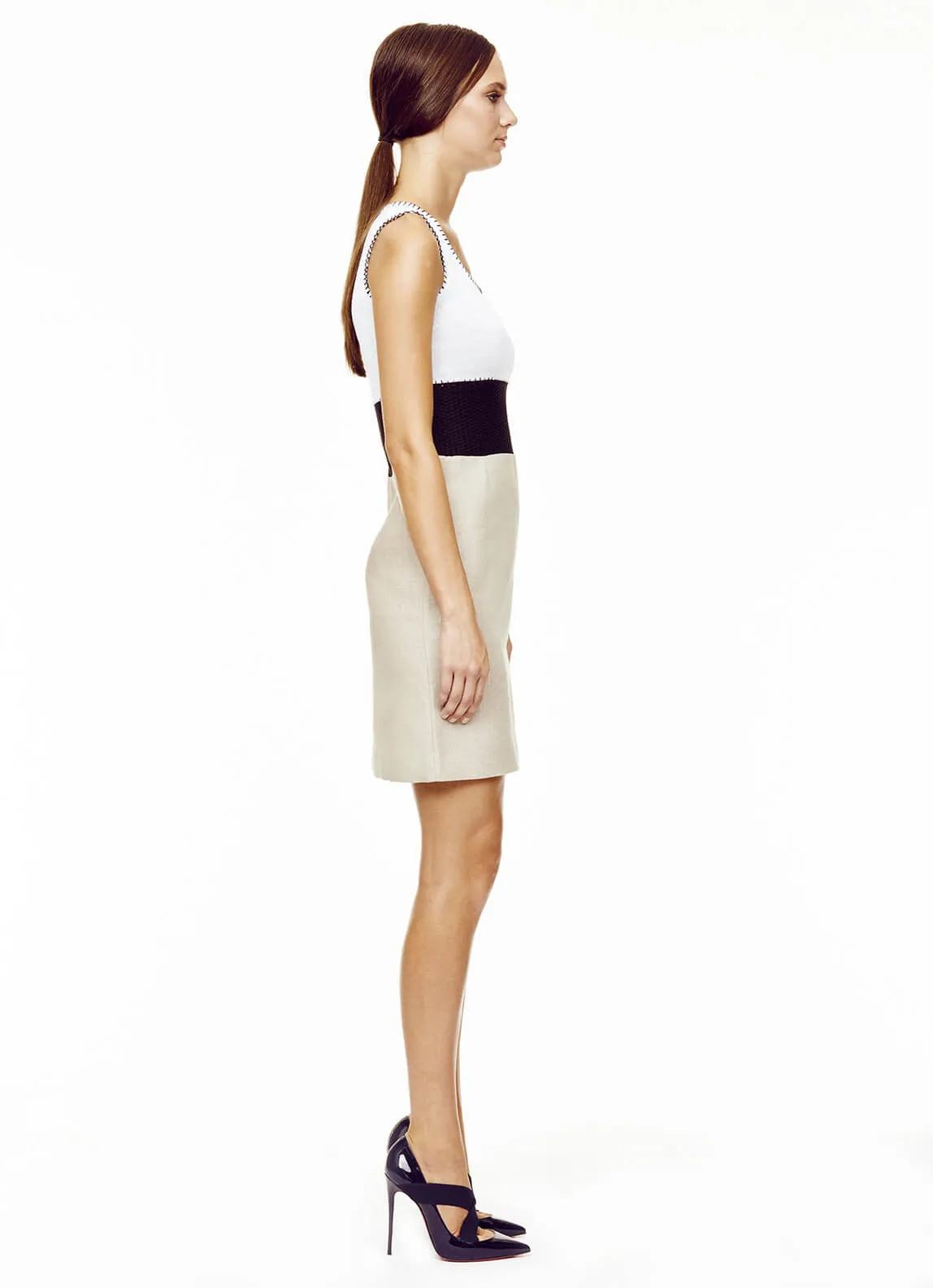 Belle - Sleeveless Tan Linen Tank Dress with Black Raffia Detail