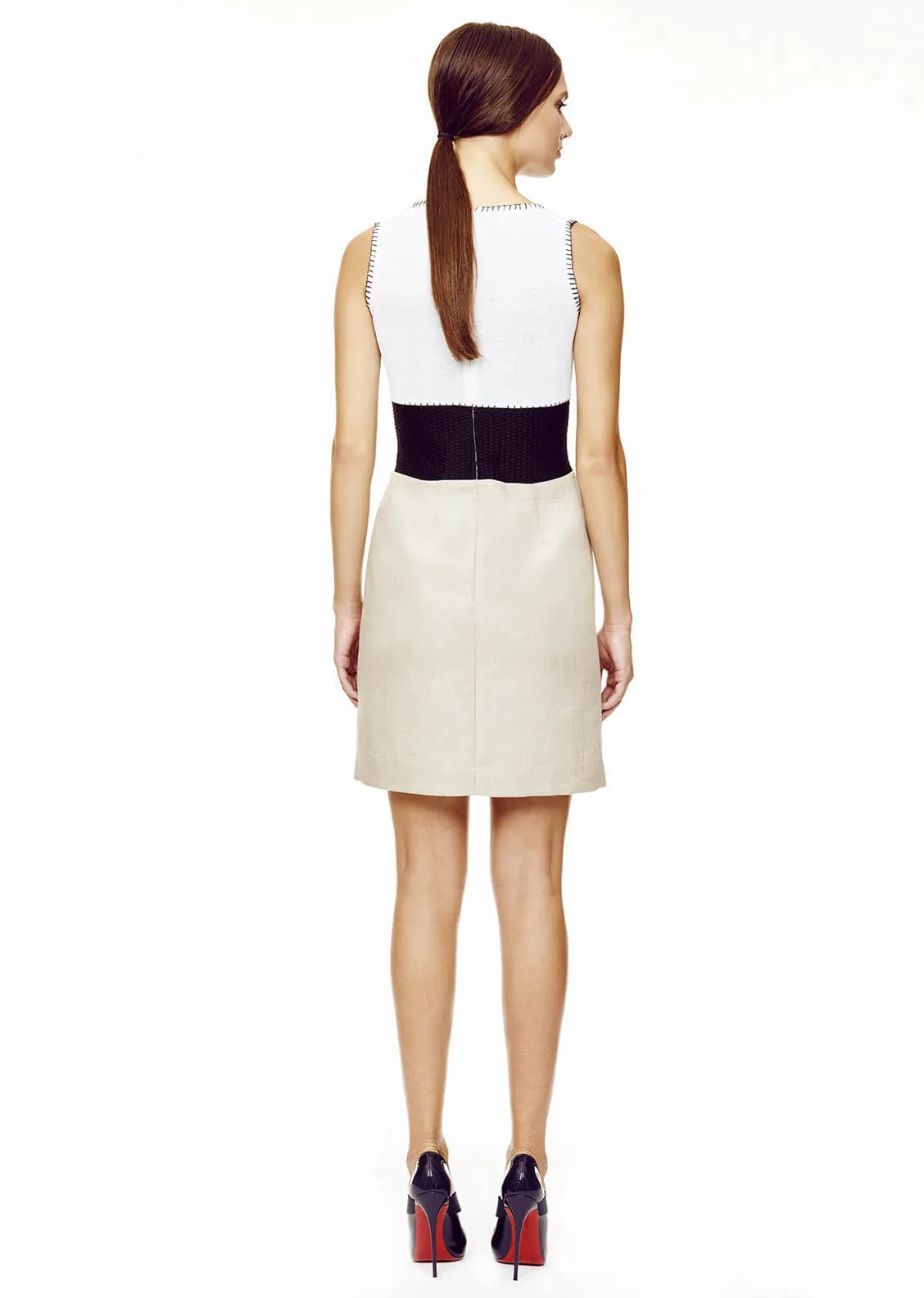 Belle - Sleeveless Tan Linen Tank Dress with Black Raffia Detail