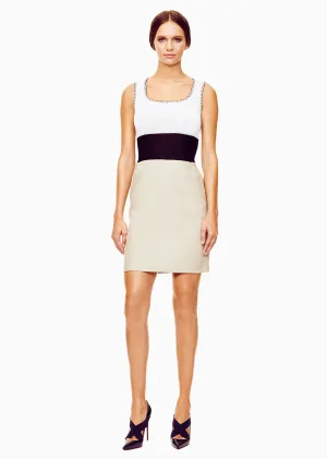 Belle - Sleeveless Tan Linen Tank Dress with Black Raffia Detail
