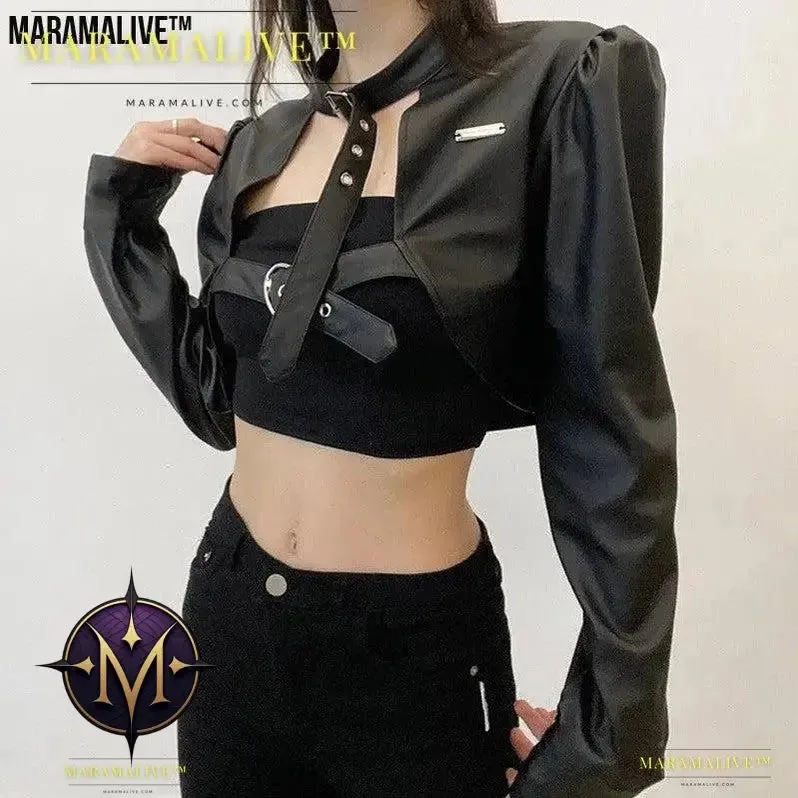 Biker Chick Faux Leather Crop Jacket - Gothic Vegan Leather Top